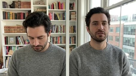 Before and after: looking down at a low webcam, versus looking straight into the camera